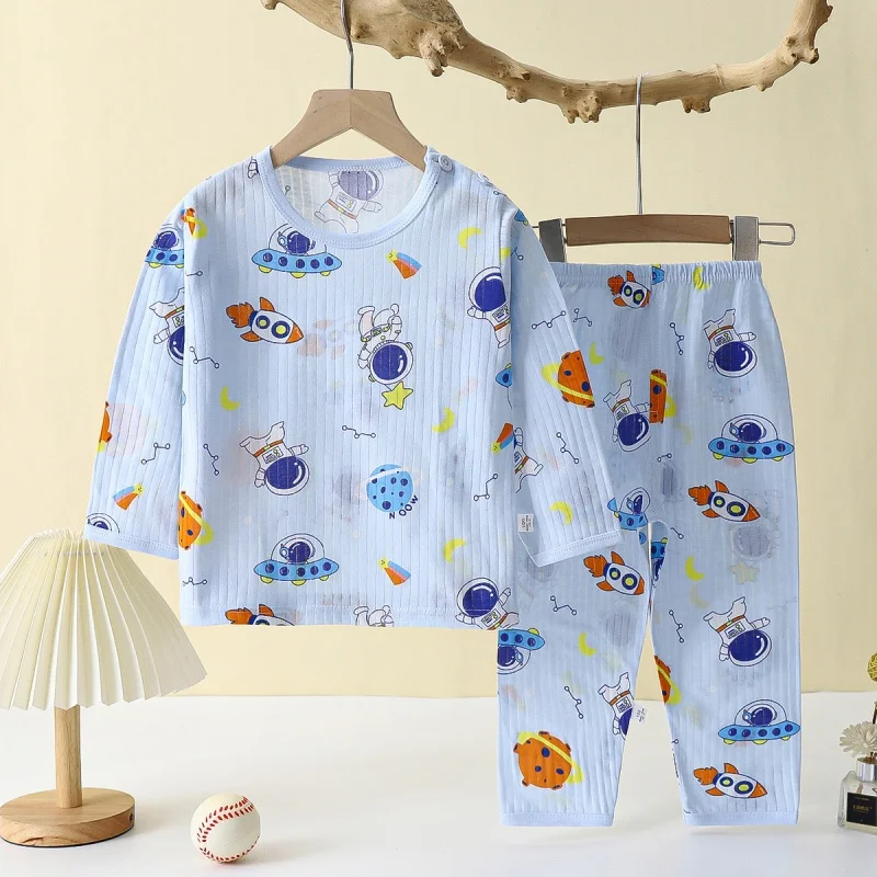 Boys Girls Baby Pajamas 2-Piece Set Kids Summer Breathable Soft Fabric Home Cute New Cartoon Rocket Spacecraft Car Sleepwear Set