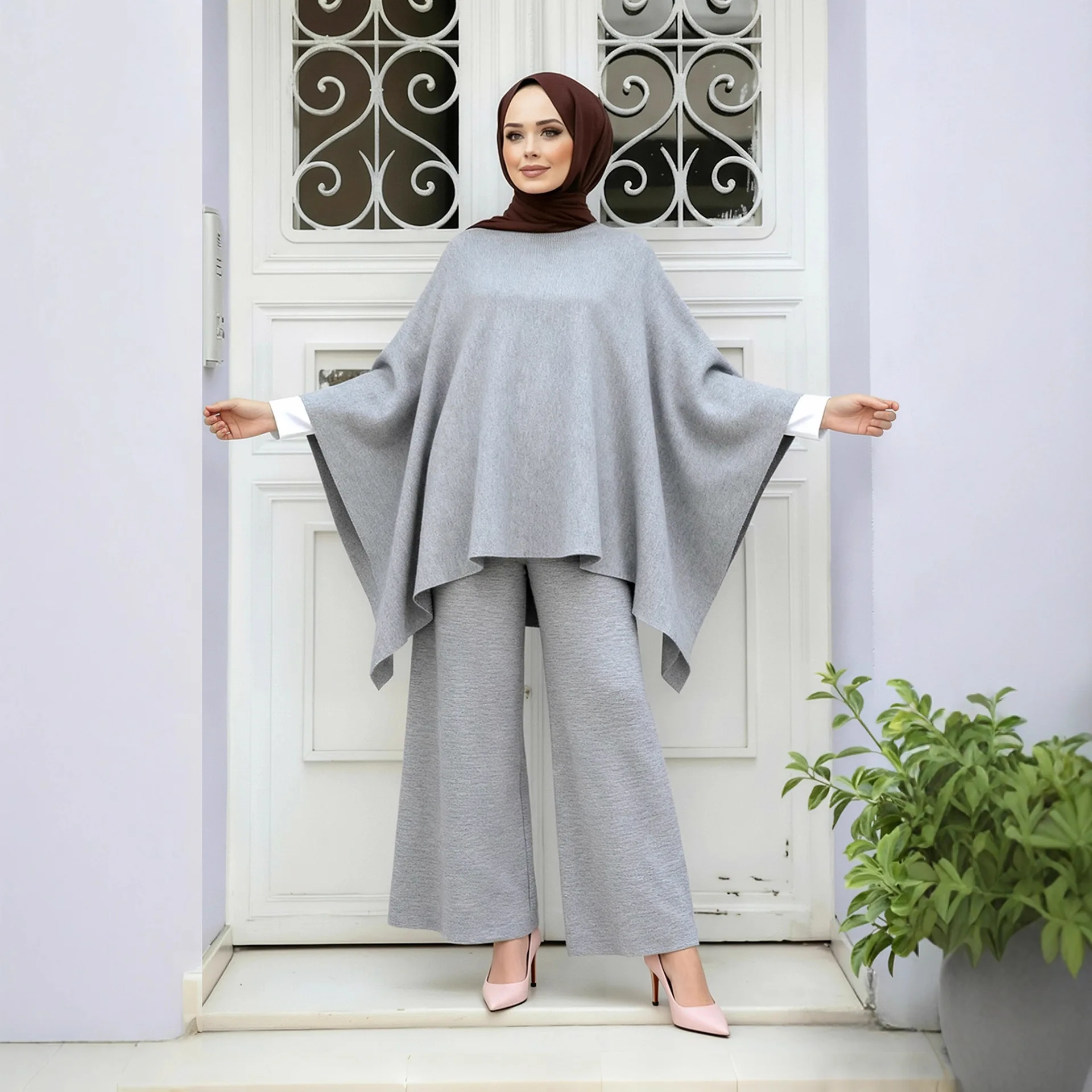 Moslim Gebreide Set Vrouwen Coltrui Jumper Top Wijde Pijpen Lange Broek Bijpassende Pak Islam Kleding Femme Musulmane Ensembles