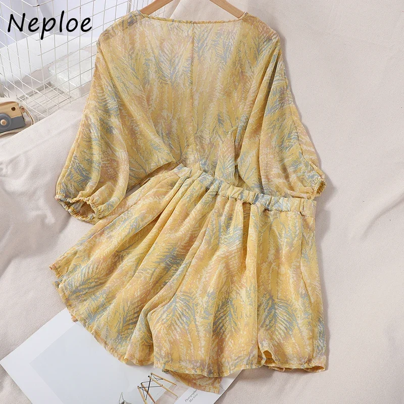 Neploe 2 Piece Outfits Women Fashion Strap Short V-neck Shirt High Waist Slim Wide Leg Shorts Printed Suit Ladies Summer 1E594