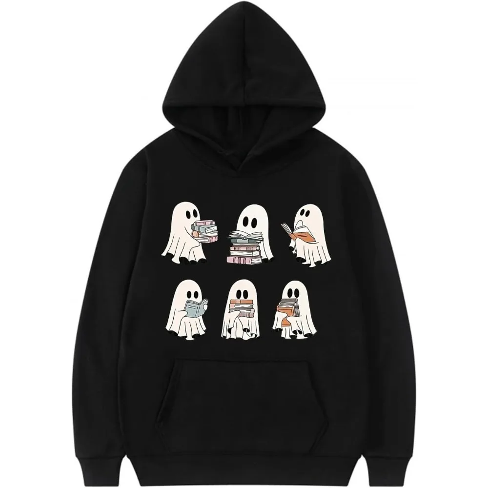 Halloween Teacher Hoodies Funny Spooky Season Ghost Reading Book Cartoon Graphic Hoodie Autumn and Winter Keep Warm Sweatshirts