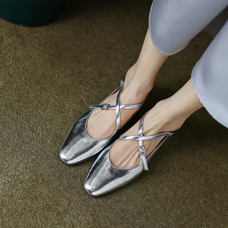 JOZHAMTA Size 34-40 Women Casual Flats Shoes For Ballet Real Leather Cross Strap Low Heels Shoes Ins Silver Spring 2025 Dress