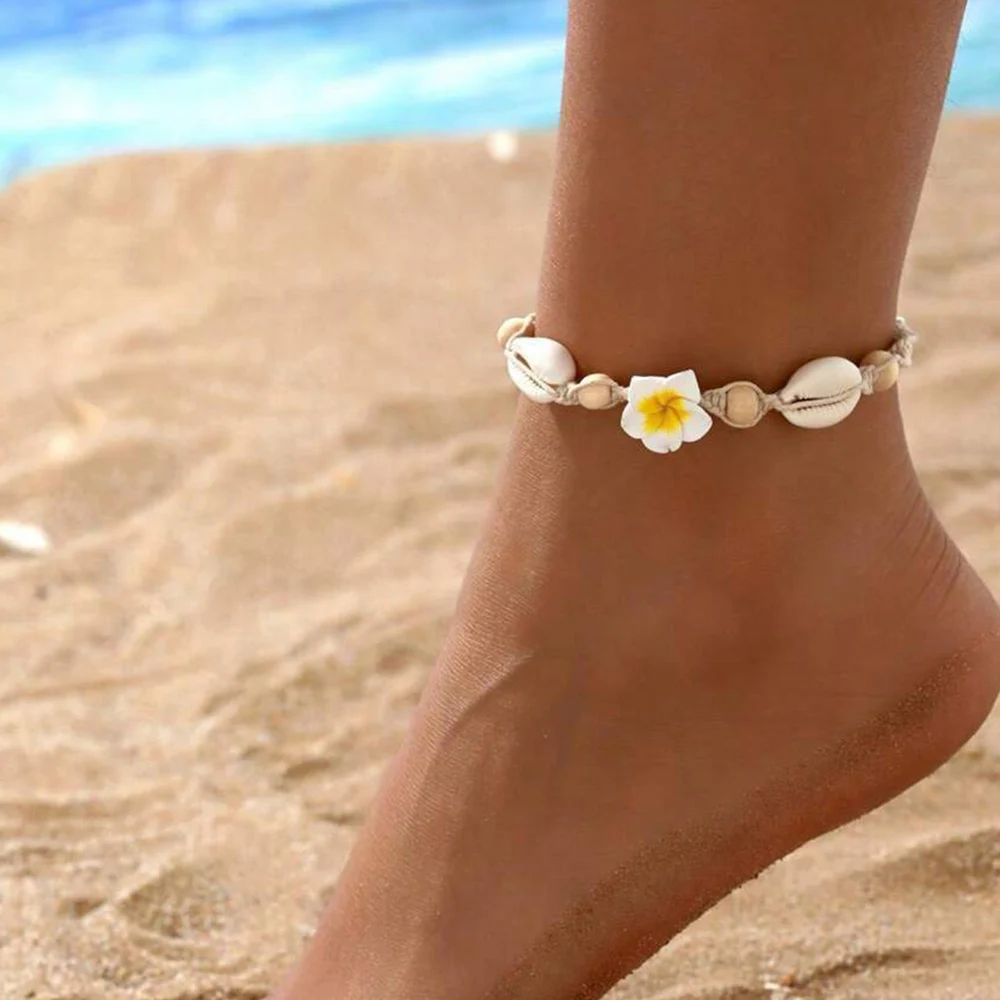 Neon Pink Color Flower Shell String Weaving Handmade Anklet Starfish Shell Turtle Charm Adjustable Anklet Summer Beach Jewelry