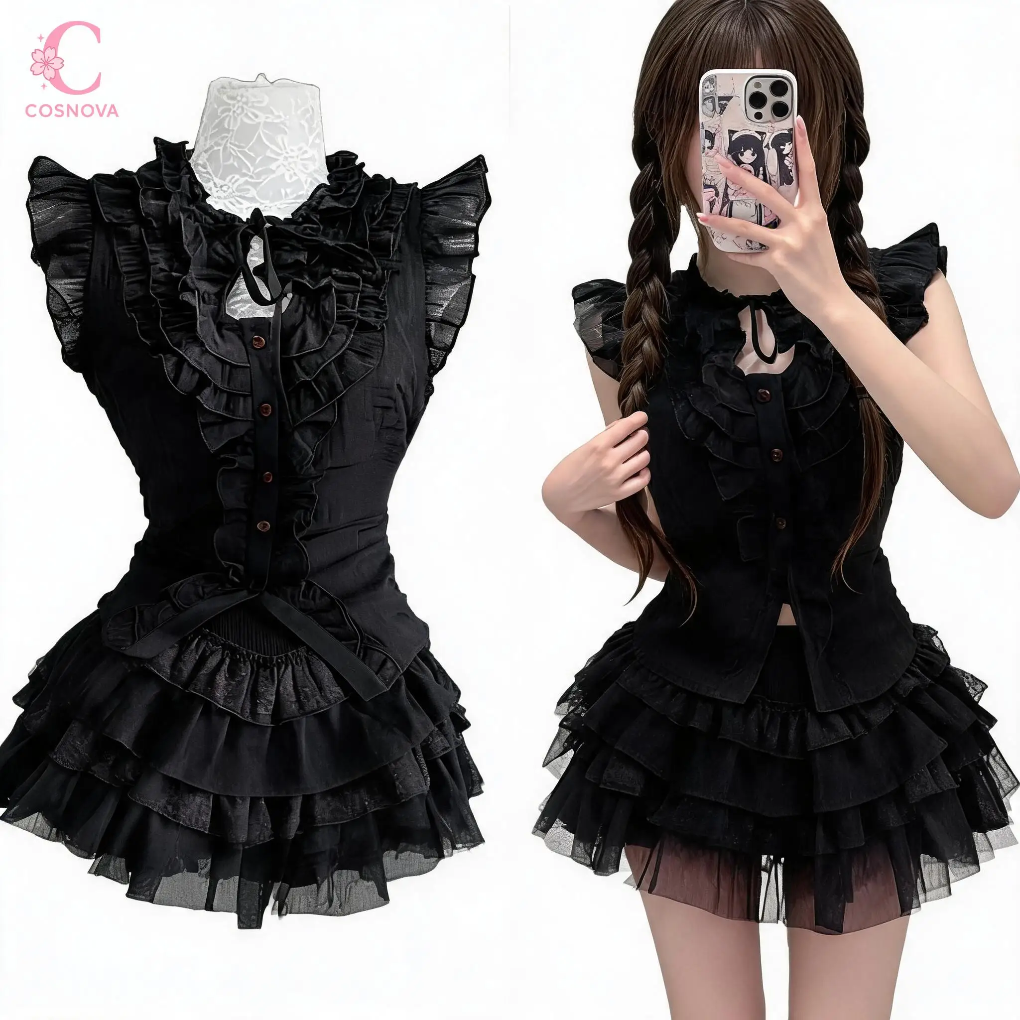 

Retro Sweet Hot Ruffle High Waist Lace Black 2 Piece Sets Women Summer Bow Trim Cake Skirt Female Chic Korean Popular Clothes