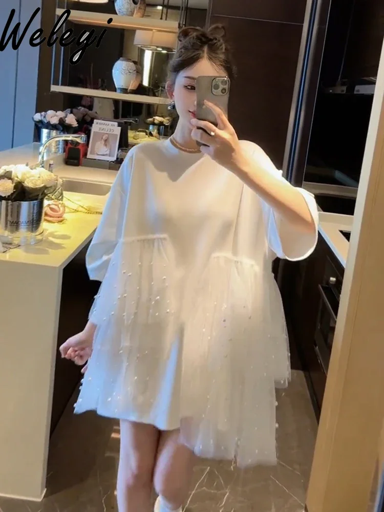 Large Size Beautiful White Tee Dresses with Pearls Mesh Summer Women's Gentle Lace Splicing Short Sleeve Short T-Shirt Dresses