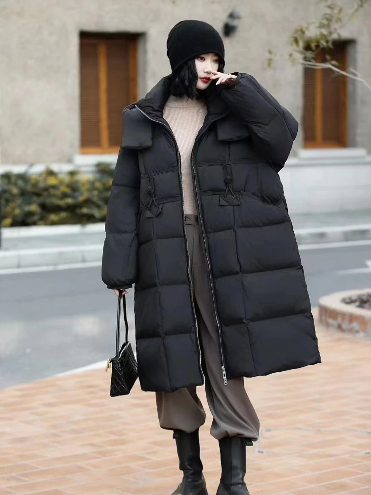 Women's Winter Jacket Hooded Down Coats Simple Casual High-end Puffer Coats Windproof Thick Loose Warm Mid-length Down Parker