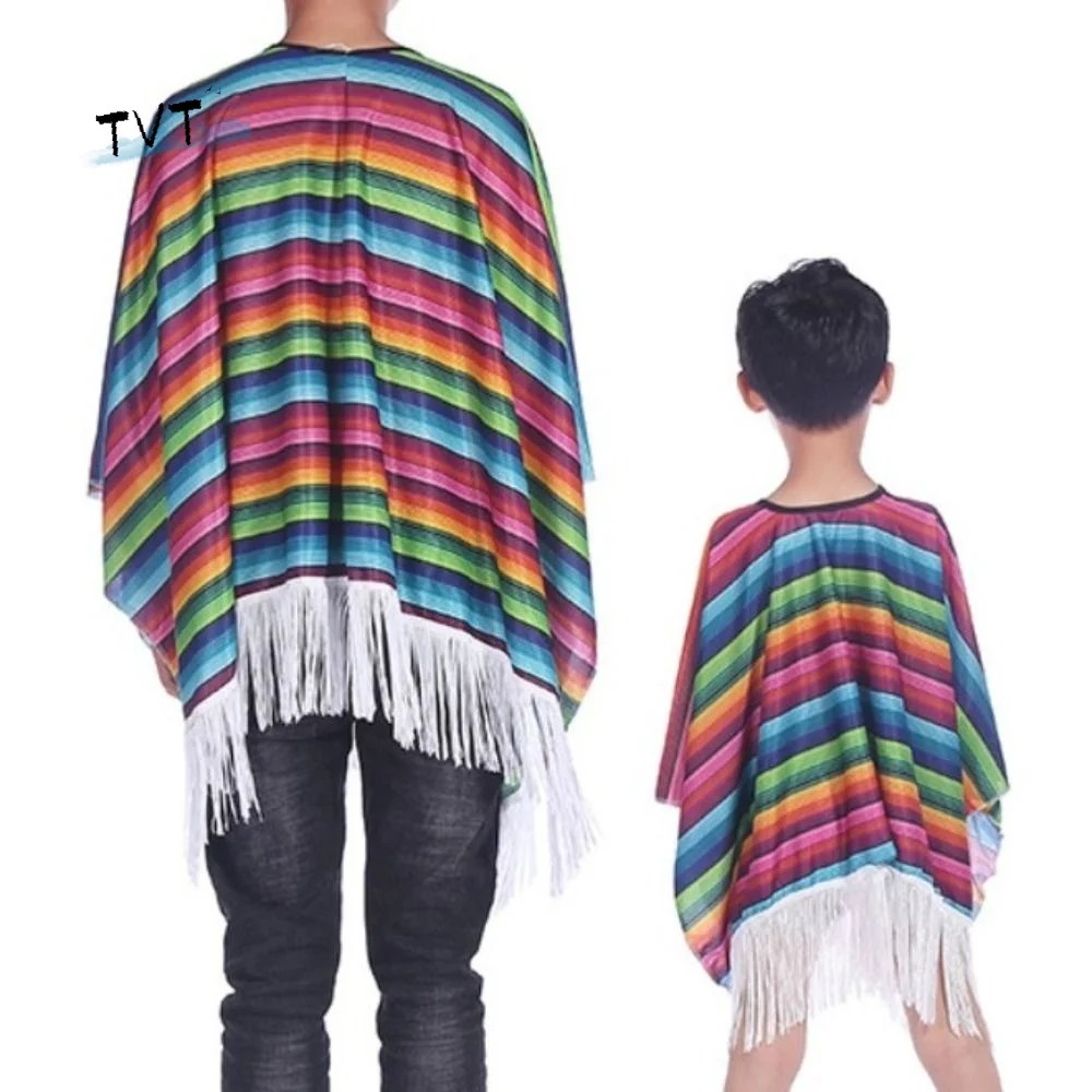 

Ethnic Cloak Mexican Costume Rainbow Stripe Halloween Mexican Style Cloak Cape Folk Cape Dress-up Mexican Poncho Kids Adult