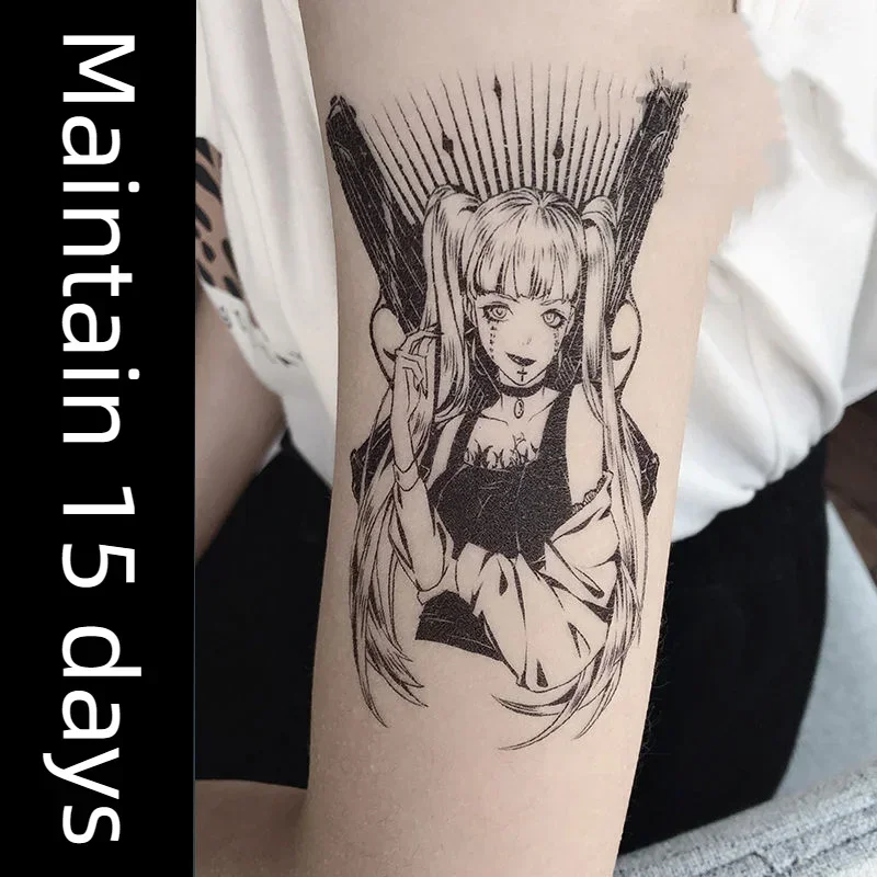 

Cartoon Herbal Juice Temporary Tattoos Dark Double Gun Girl Transfer Tattoo Body Art Waterproof Fake Tatoo Sticker for Woman Men