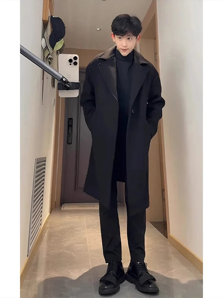 

Bla Men's oulder Length Woolen Coat Lazy Sle Korean Faion High End Feelings Cleanfit Woolen Jaet Long Sve Coat