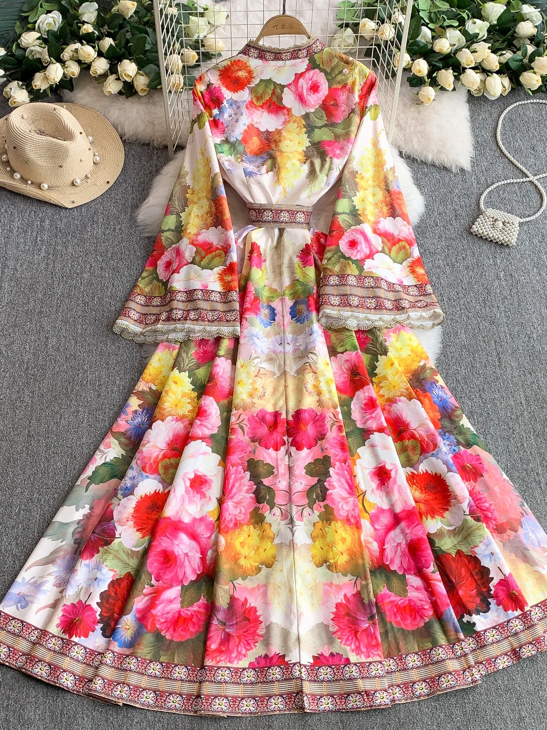 Vintage Retro Floral Maxi Kleid Hemd Frauen Herbst Laterne Langarm Perle Nationalen Graben Böhmischen Kleider Abend Vestidos
