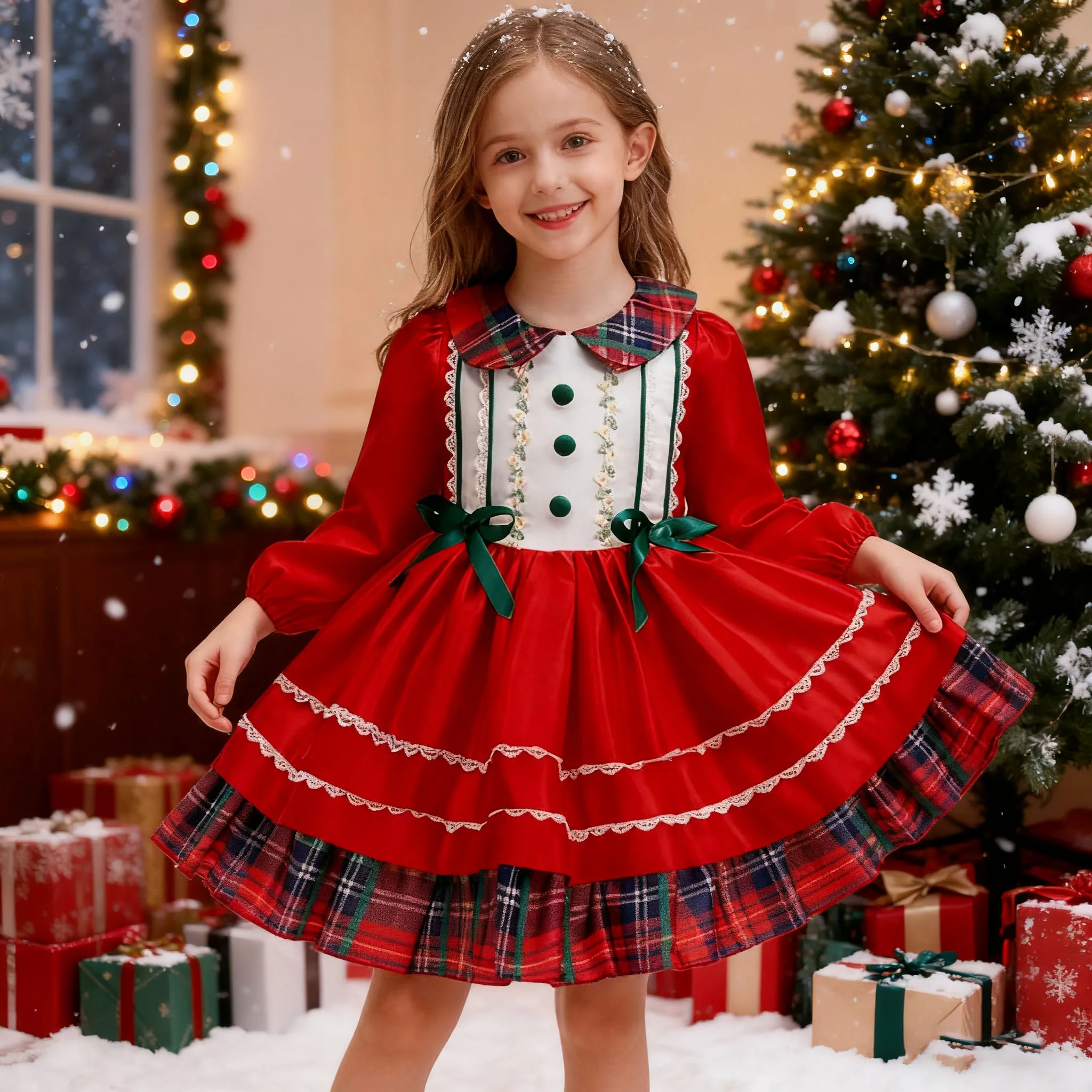 

Baby Girls Princess Dress Christmas Red Long Sleeves Costume Children Bow Plaid Party Santa Claus Theme Kids 1st Birthday Dress