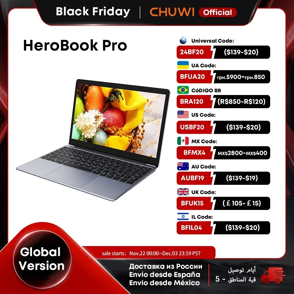 Máy Tính Bảng CHUWI HeroBook Pro Windows 11 Laptop 14.1 Inch Màn Hình FHD Intel Celeorn N4020 CPU LPDDR4 8GB 256GB SSD 38Wh Máy Tính PC