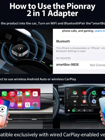 New Pionray 2 in 1 Wireless CarPlay Adapter&Android Auto Wireless Adapter, 5Ghz WiFi Type-C/USB Plug Play CarPlay Wireless
