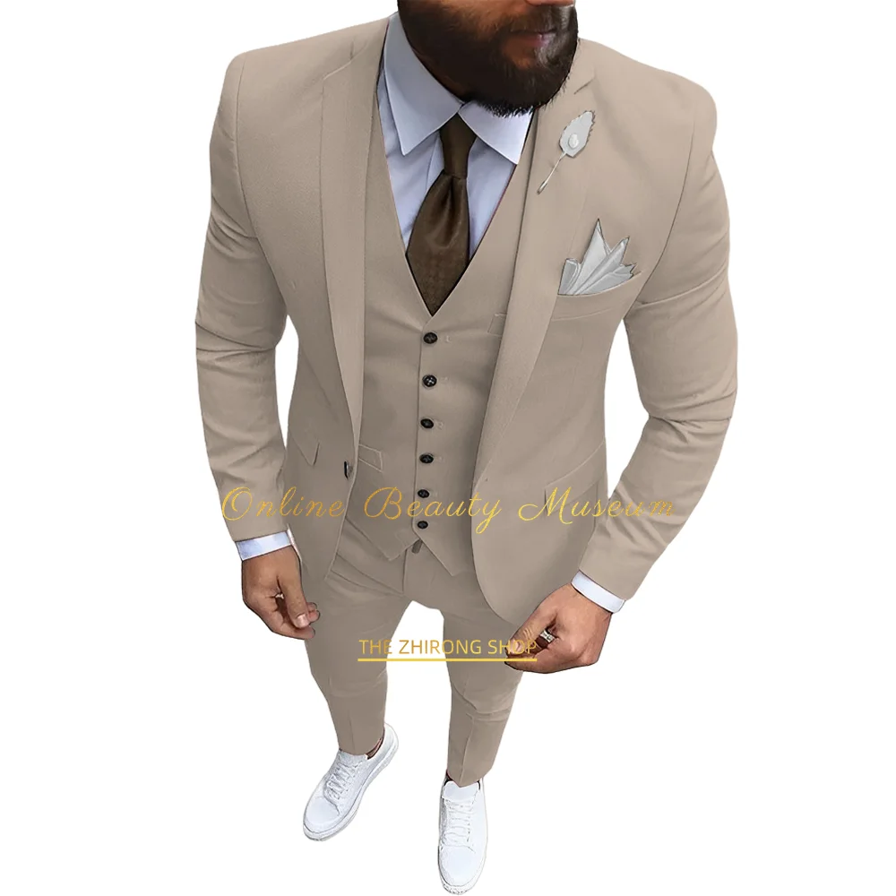 Men's classic solid color 3-piece suit (jacket + vest + trousers) Beige single button groom formal business tuxedo, HANDMADE