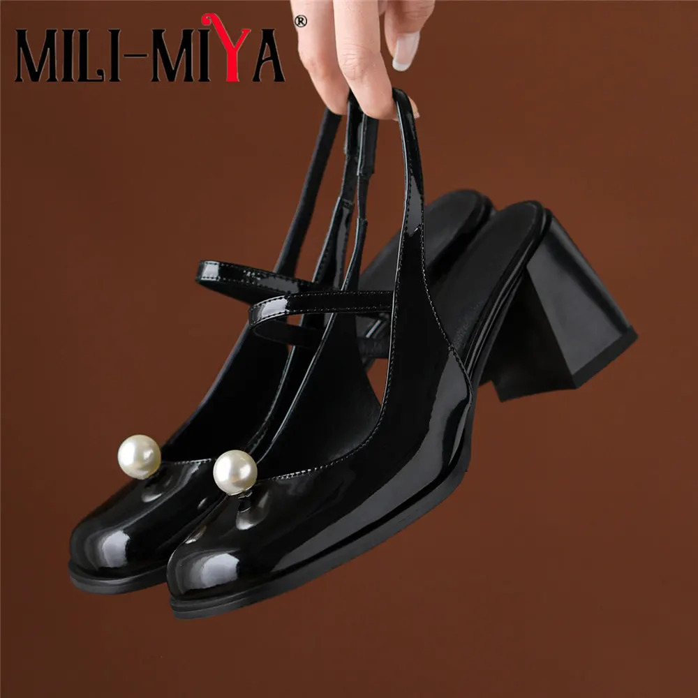 MILI-MIYA Fashion Sling Back Women Cow Leather Pumps Thick Heels Round Cot Slip On Solid Color Spring Summer Shoes For Ladies