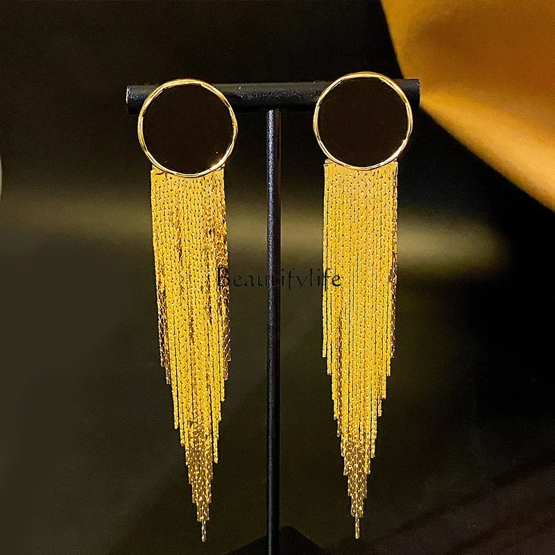 

European and American long metal wind round fringed earrings light luxury high-end earrings women