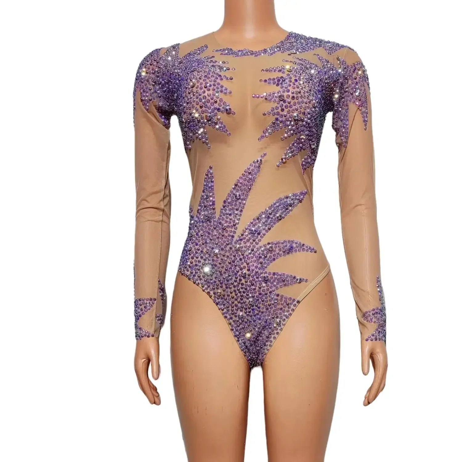 Sexy Stage Sparkly Purple Rhinestone Bodysuits for Women One Piece Stretch Sheer Long Sleeve Leotard Drag Queen Costume Ziluolan