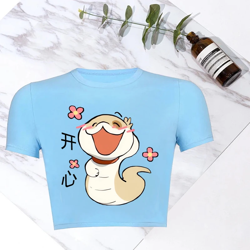 2025 Small Dog Snake Fashion Round Neck Printed T-shirt Cartoon Anime Graphic Printing Cute Casual Women's Summer Popular Top