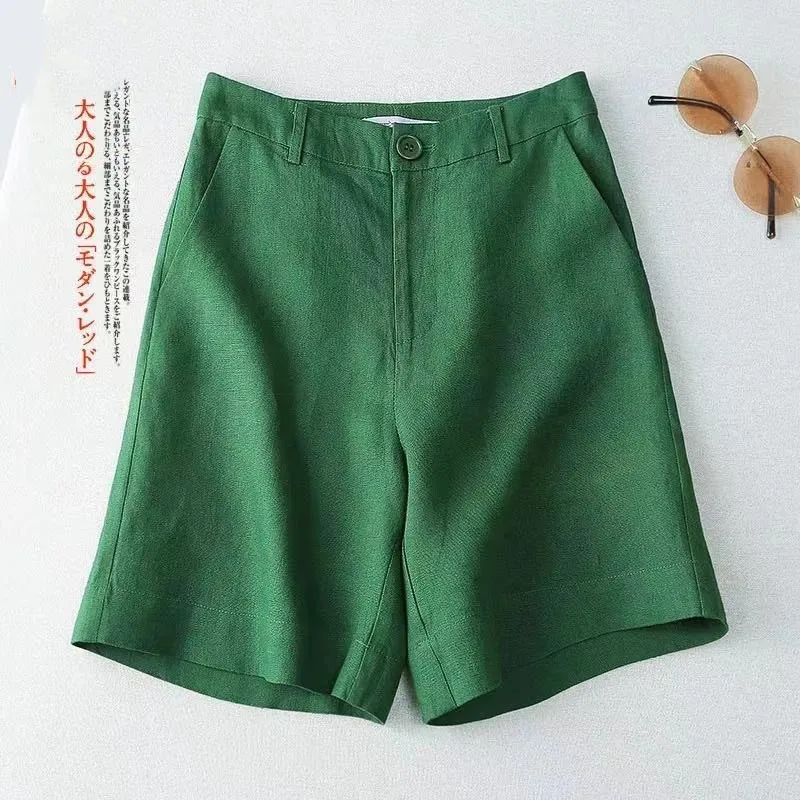 Summer  Women's Loose plus Size Cotton Linen Shorts Slimming High Waist Thin Casual Pure Color Wide Leg Pants