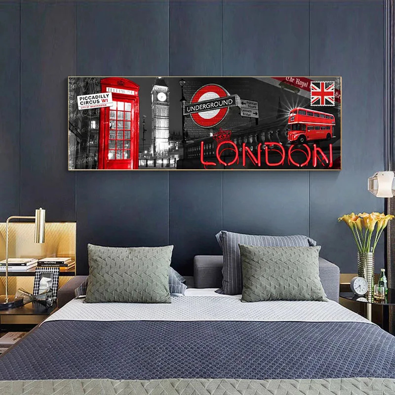 Modern London City View Red Phone Booth Canvas Painting Print and Poster for Living Room Wall Picture Landscape Home Decoration