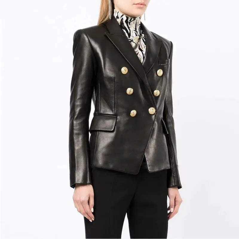 Black Long Sleeve Suit Collar Slim Fit Leather Jacket Autumn Winter New Style Fashionable Outerwear without Belt