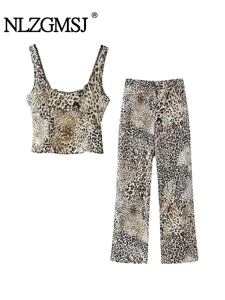 TRAF 2024 Summer Leopard Printed Women Tanks Wide Pant Suits Sleeveless Halter Crop Top Female 2 Piece Sets Y2K