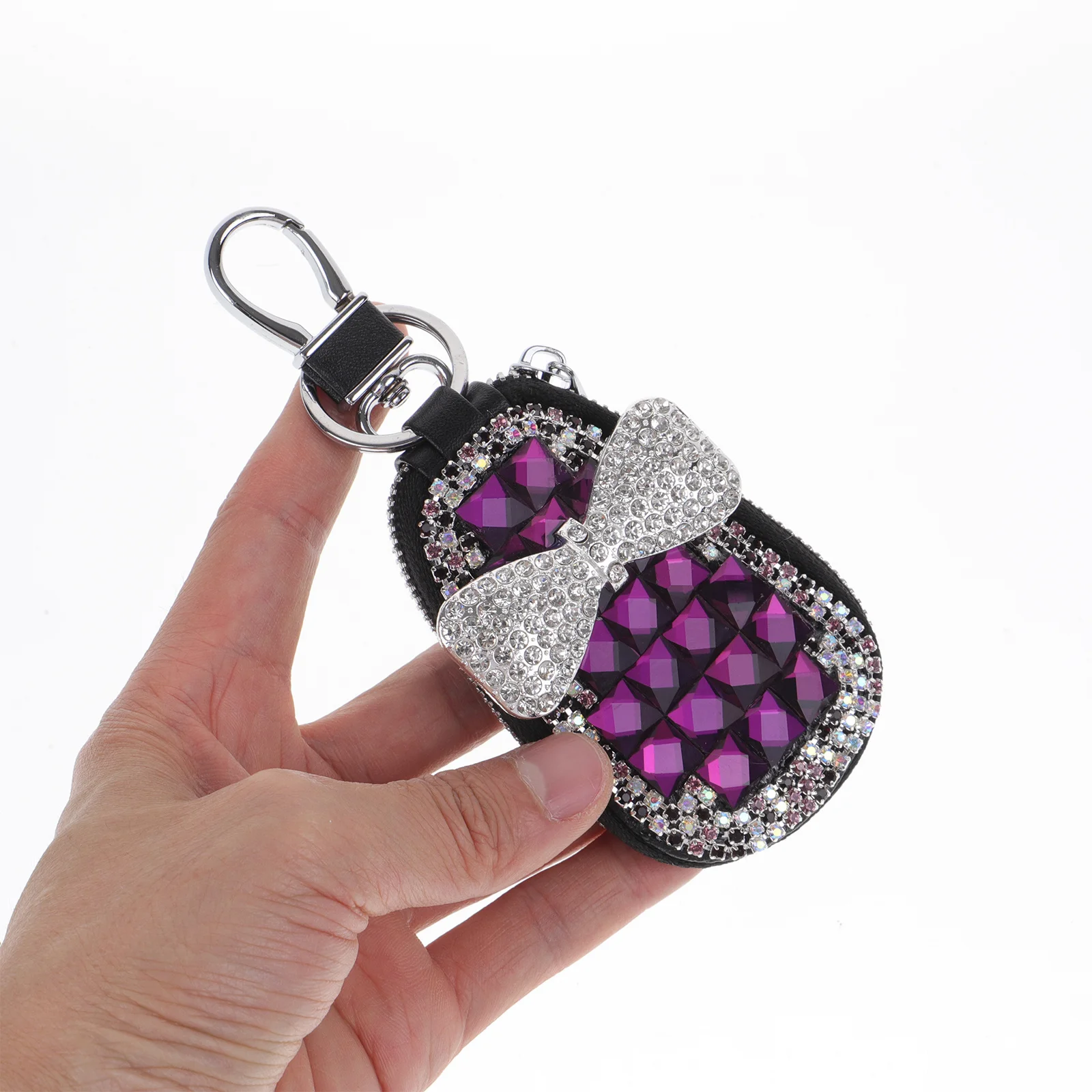 

Stylish Rhinestone Car Key Holder Pouch Compact Key Fob Case with Zipper Scratch Resistant Interior for Men Women