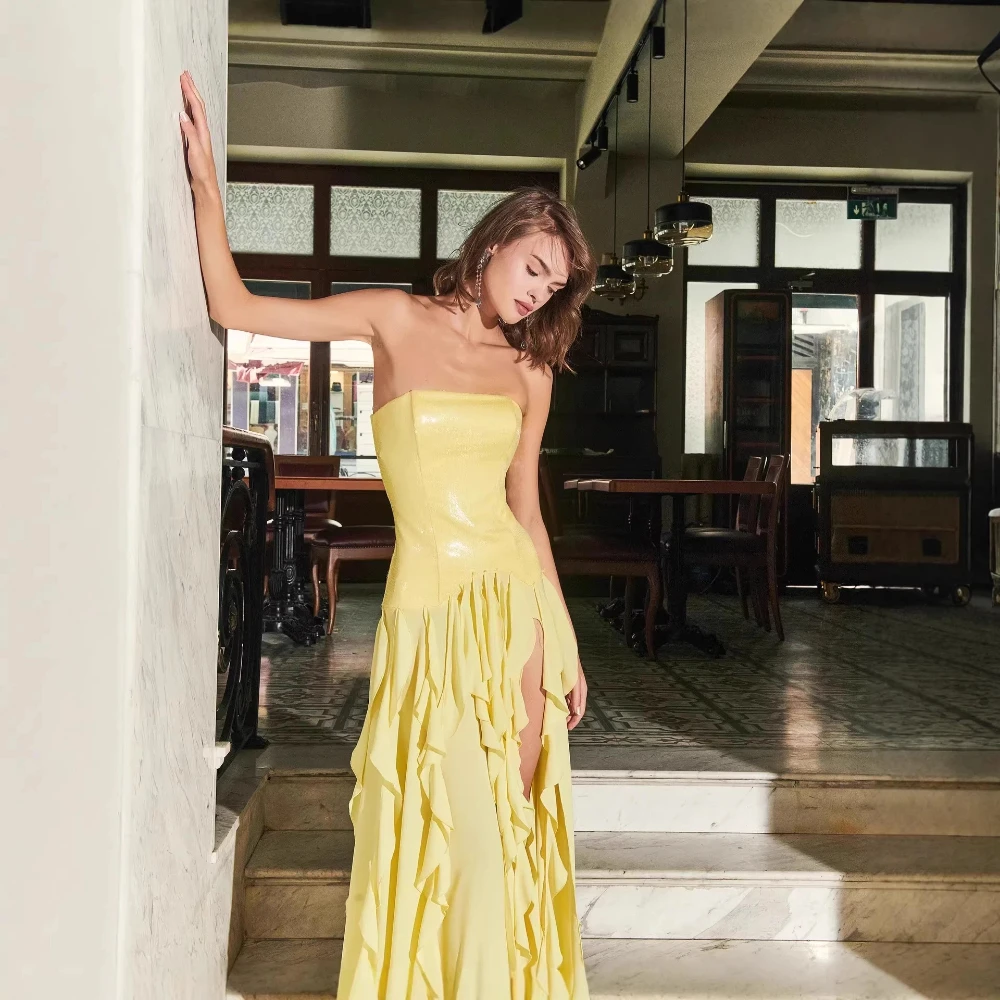 

Желтое плиссированное платье без бретелек с асимметричным подолом и разрезом, с оборками по бокам, для выпускного вечера, для гостей на свадьбу, вечернее платье