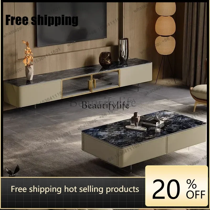 JJ Luxury stone rock panel TV cabinet Living room furniture Italian light luxury acrylic saddle leather cabinetLX