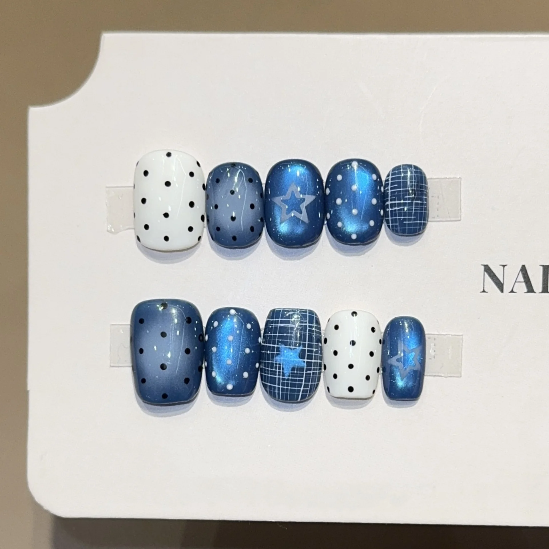 

10pcs Handmade False Nails Tips Korean-Style Summer Cat's Eye Polka Dots Press on Nails Lines Star Fake Nail As Gifts for Girls