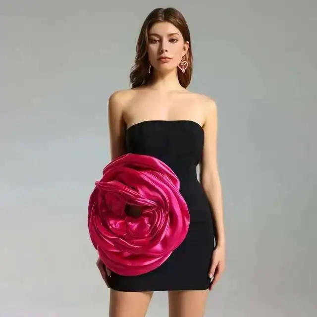 Black Three-Dimensional Flower Off-Shoulder Evening Gown Sexy Elegant Women's Maxi Dress for Formal Occasions