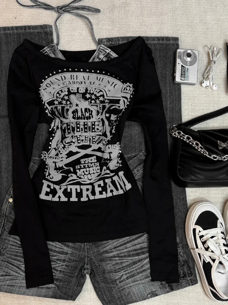 تي شيرت نسائي جمالي عتيق على الطراز القوطي الأسود من 2000s تي شيرت ريترو بانك جرافيك الجرونج Y2k ملابس هاراجوكو بأكمام طويلة ملابس الشارع الأمريكية