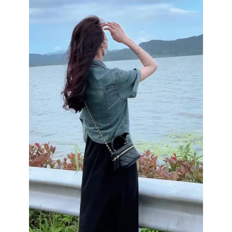 Cappotto di jeans oversize da donna in pelle scamosciata autunnale, vestibilità ampia, patchwork, coulisse, a strati, a quadretti, oversize, con pieghe sul davanti