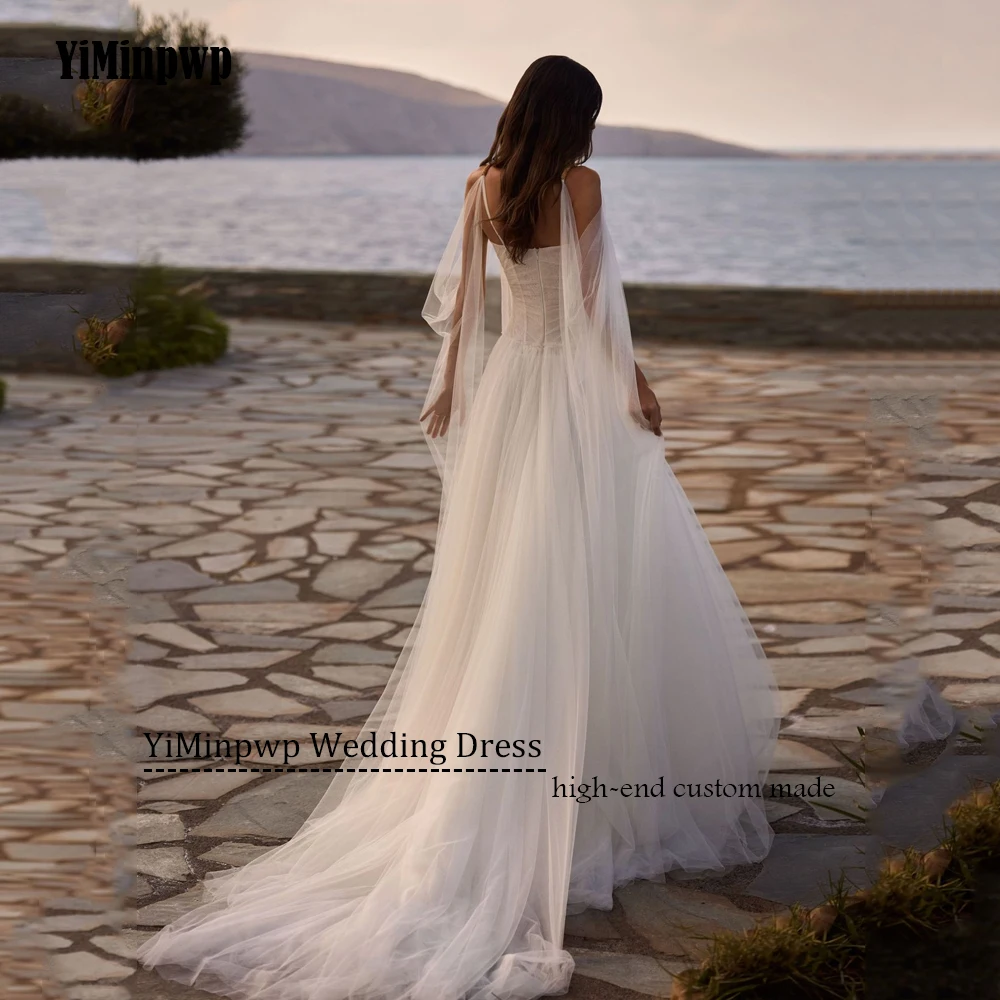 فساتين زفاف من التل على الشاطئ مخصصة على شكل حرف a على شكل قلب أشرطة سباغيتي بوهو فستان العروس لثنيات الزفاف فيستدوس دي نوفيا