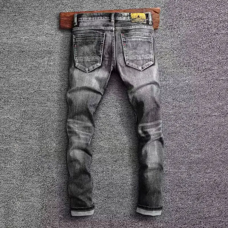 Italian Style Fashion Men Jeans Retro Gray Elastic Slim Fit Ripped Jeans Men Trousers Vintage Designer Casual Denim Pants Hombre