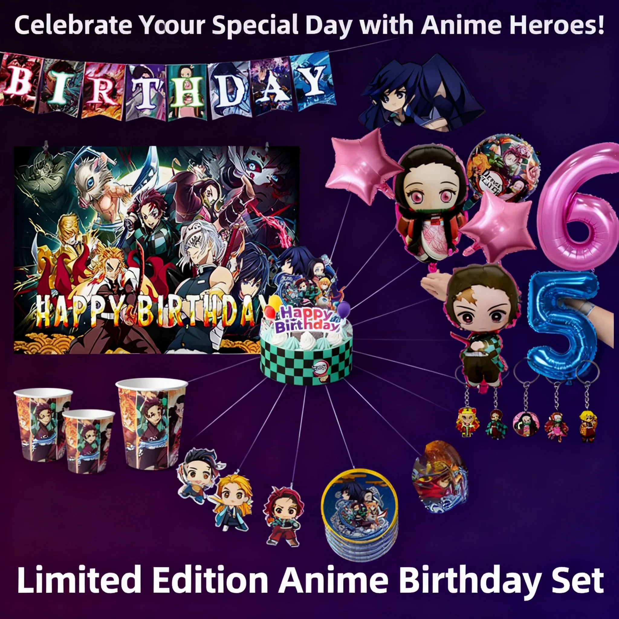 

Demon Slayer Kimetsu no Yaiba Birthday Party Decorations Balloon Tableware Keychain Party Gift Childrens Party Supplies Anime