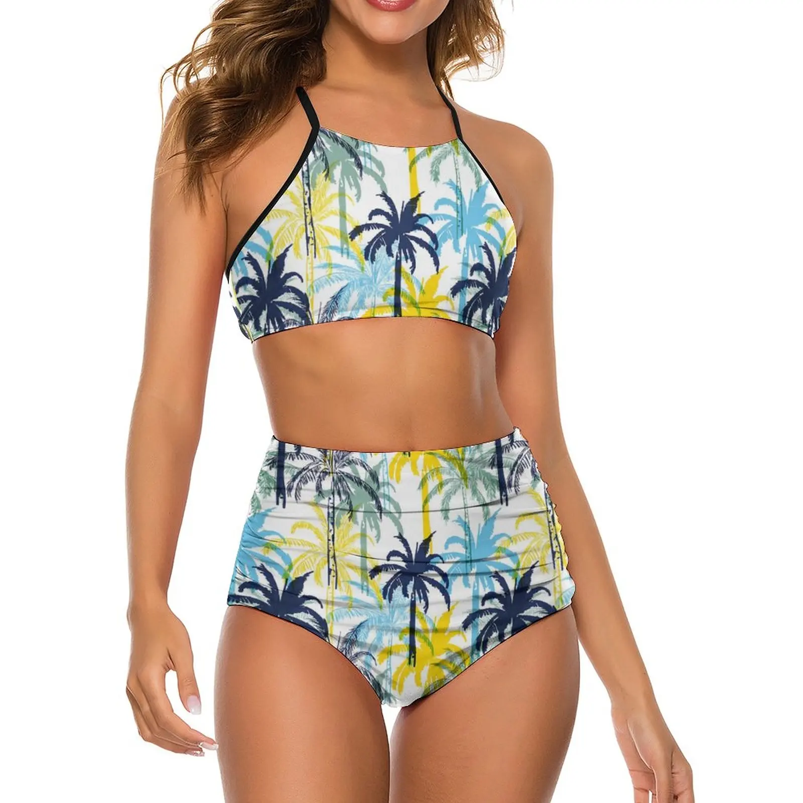 

Tropical Palm Trees Bikini Swimsuit Sexy Plant Print High Waist Bikinis Set Ladies Two Piece Swimwear Swimsuits Sport Beach Wear
