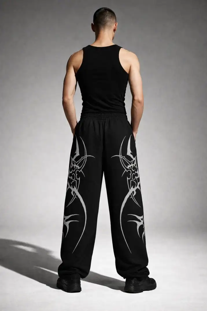 Men Y2K Baggy Sweatpants Gothic Tribal Tattoo Print Elastic Waist Wide Leg Pants Dark Streetwear Hip Hop Casual Trousers