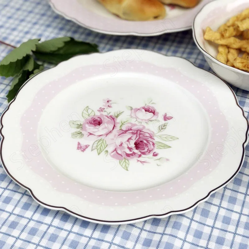 Gold Border Bone China Dinner Plate American Pastoral Irregular Flower Decorative Cake Dessert Plate Afternoon Tea Tableware