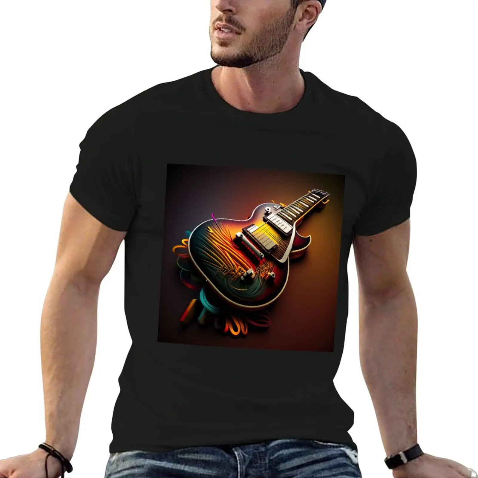 

Art personalised man t shirt Gibson Neon Guitar shirt cotton T-Shirt Paul Les t