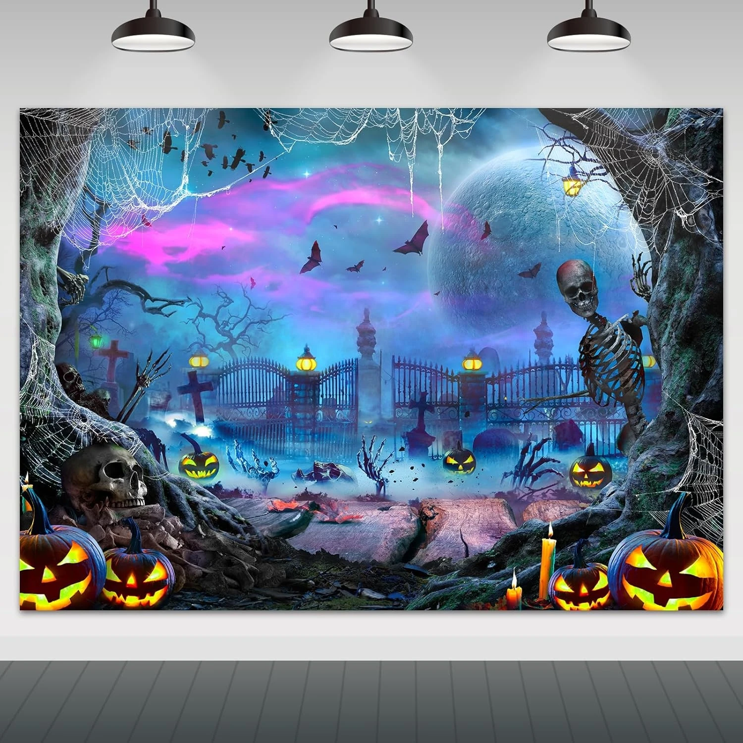 

Full Moon Scary Cemetery Skull Graveyard tree backdrops High quality computer print halloween Photography Studio Backgrounds