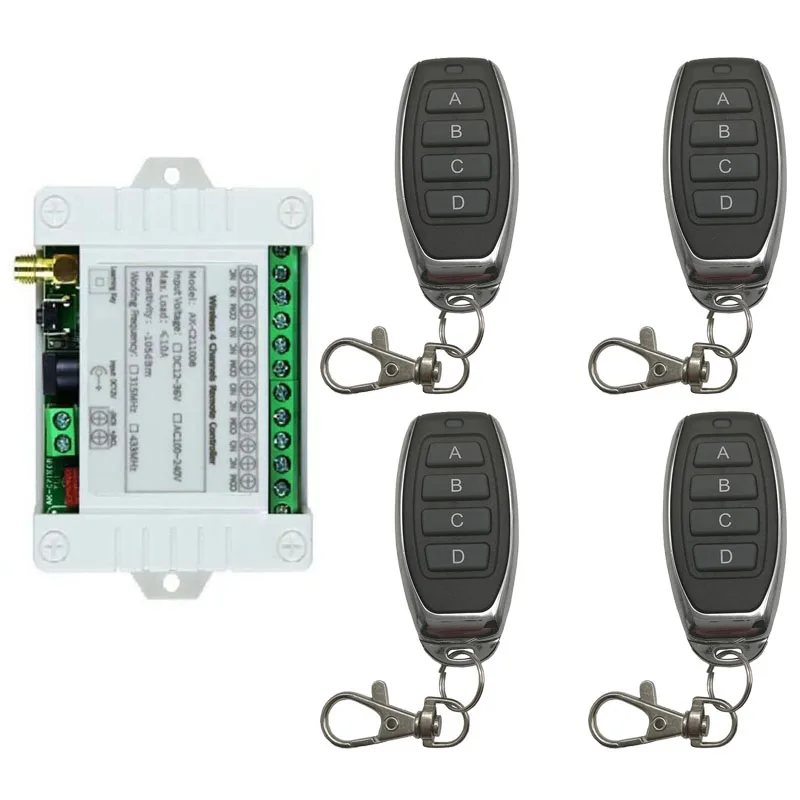 Smart Multiple DC 12V 24V 36V 10A 433MHz 4 Channel Wireless Relay RF Remote Control Switch Receiver + 4CH Metal Transmitter