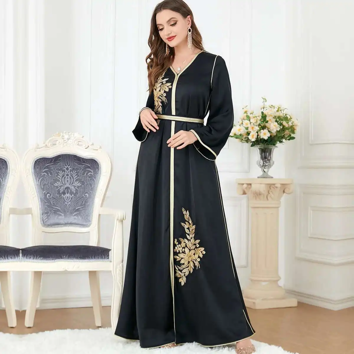 

Arabic 3277abaya Women's Apparel Split V-neck Long Sleeve Dress Muslim Long Dress Robe Abaya Ramadan Dubai Luxury Islam Elegant