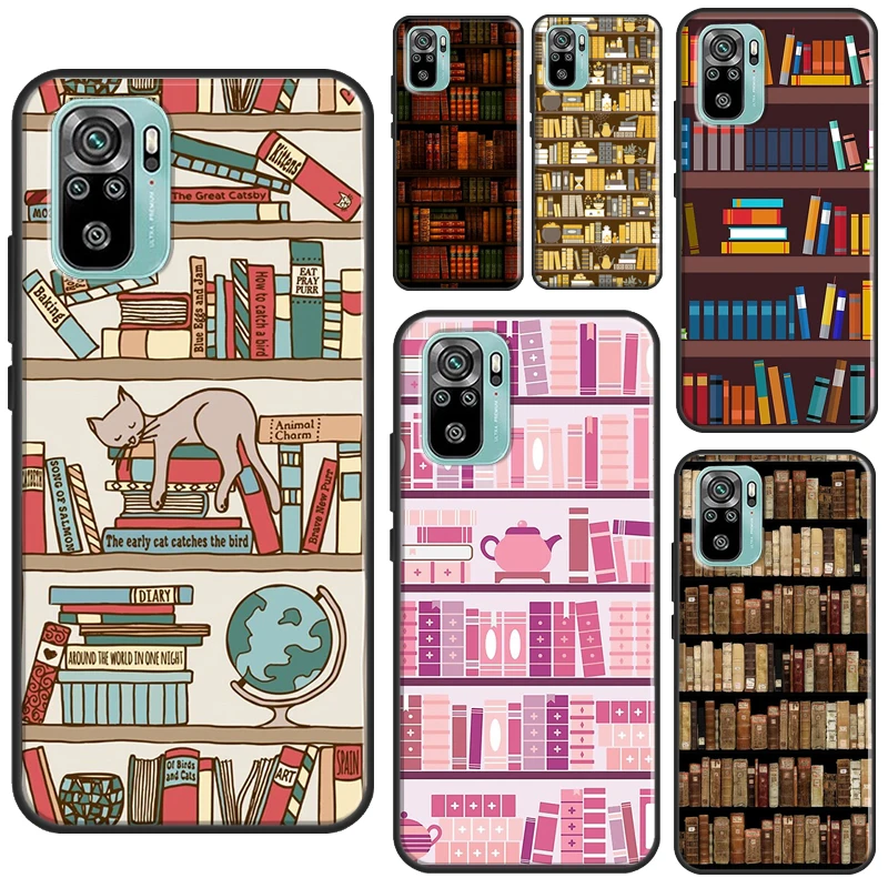 Read books Library Bookshelf Case For Xiaomi Redmi Note 12 Pro 8 9 10 11 Pro 9S 10S 11S 12S Redmi 12C 10C 9C 10A Cover