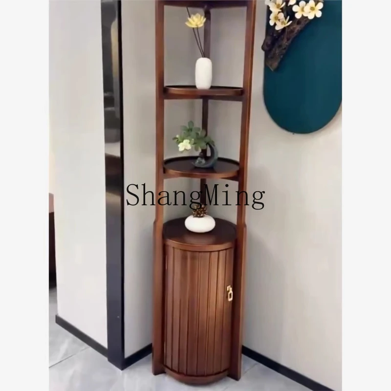 

ZYH New Chinese Ebony Solid Wood Rounded Corner Cabinet Living Room Corner Side Cabinet Shelf