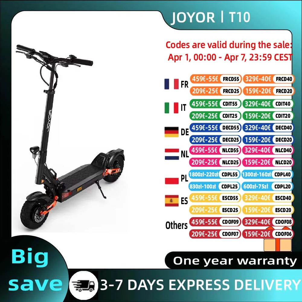 Trottinette électrique adulte JOYOR T10, moteur 1000W*2, batterie 60V18AH, trottinette tout-terrain, pneus tout-terrain de 10 pouces, trottinette électrique pliable