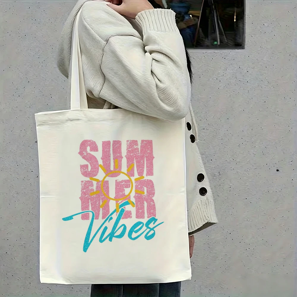 Retro Summer Vibes Canvas Tote Bag Vintage Sun Aesthetic Travel Beach Shoulder Purse Reusable Grocery Shopping Handbag Women