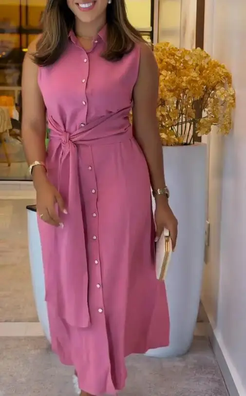 Women's 2025 New Elegant and Fashion Sleeveless Waist Shirt Dress,Self - Tie Belt,Suitable for Formal & Casual Occasions
