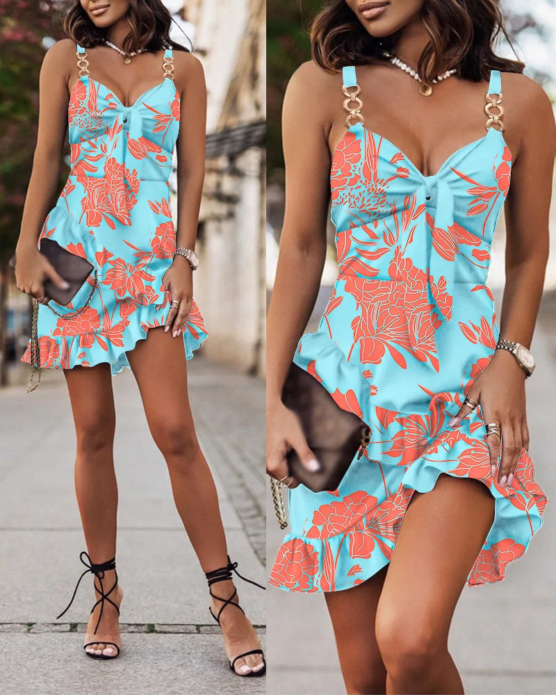 

Plants Print Ruffles Chain Decor Casual Dress Women Sleeveless High Waist Sexy Floral Flower Mini Dress Summer Spring