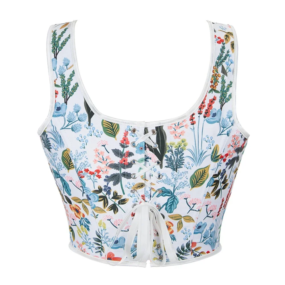 Women Elegant Boned Overbust Corset Crop Tops Vintage Flower Print Lace Up Bodice Slimming Shaper Shoulder Strap Bustier Vest view 2