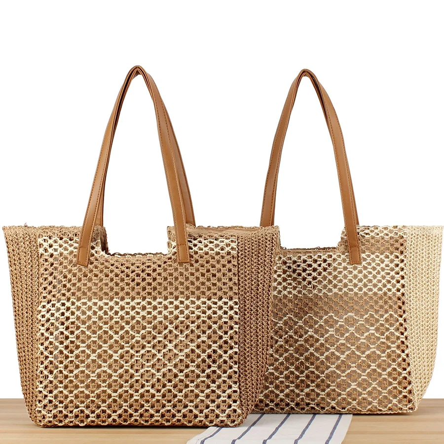 

Straw Hollow Out Knitting Tote Bag Large Capacity Handmade Shoulder Handbags Women Summer Woven Design Beach Clutch Ethnic Style